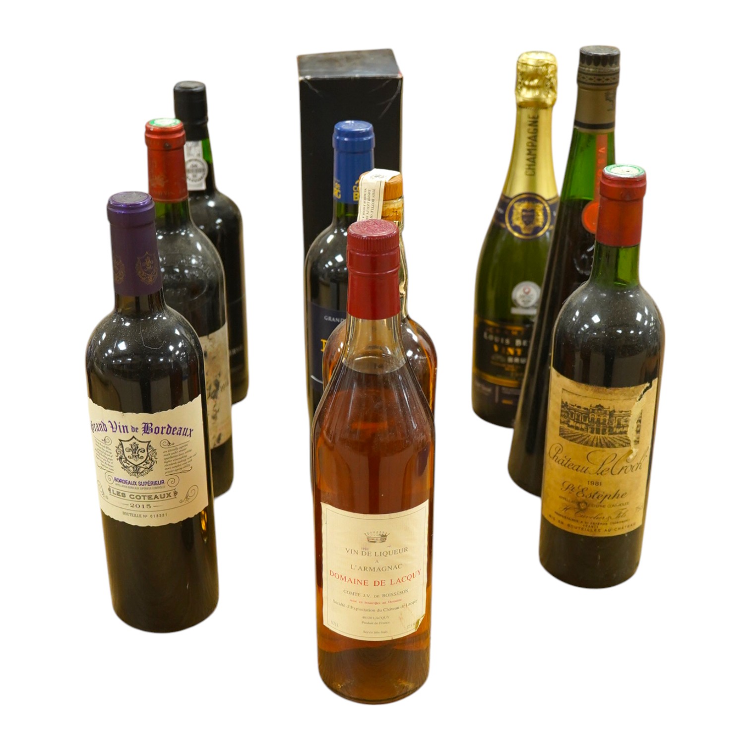 Ten bottles of wine, champagne, port and spirits to include Aberlour single highland malt whisky, Kressman Armagnac, Chateau LeCrock 1981, etc. Condition - storage conditions unknown